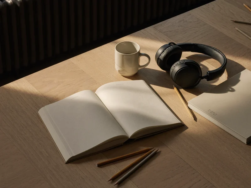 Notizhefte, Kopfhörer, Tasse und Wörterbuch auf hellem Eichentisch am Fenster